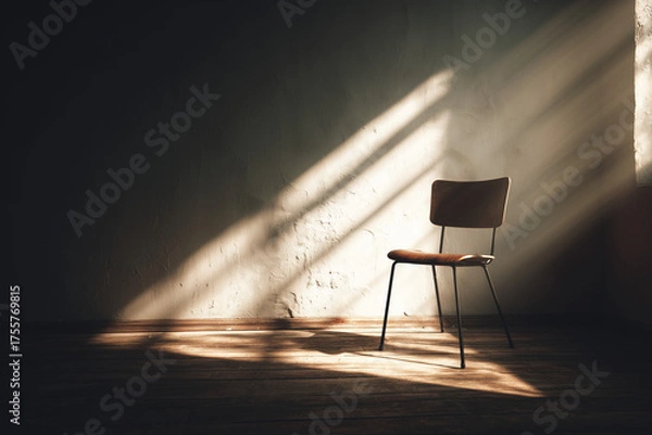 Fototapeta Simple chair in empty room with sunbeam lighting floor 