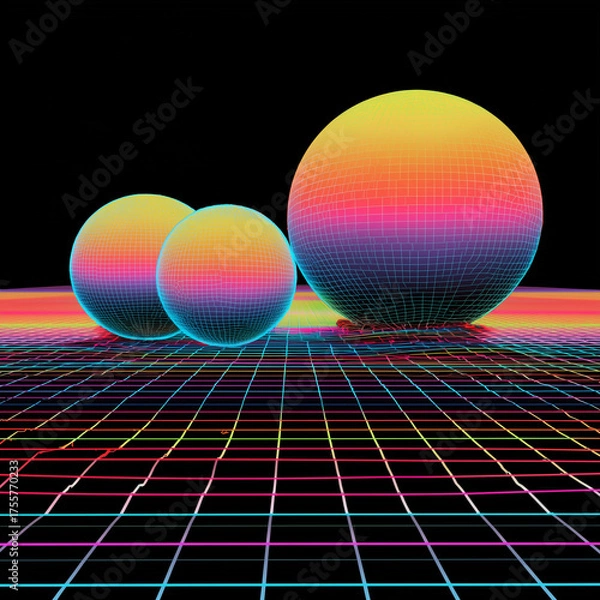 Fototapeta Abstract gradient spheres floating over grid floor, 80s synthwave colors