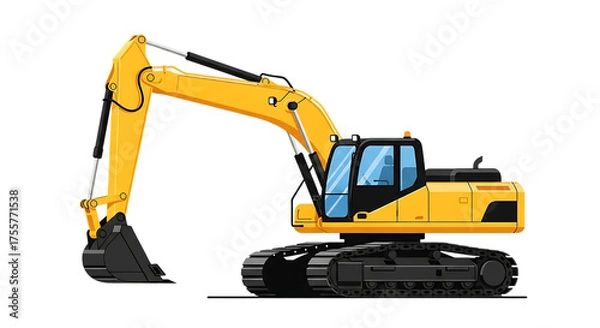 Fototapeta Illustration of yellow excavator tracked construction vehicle isolated on transparent background on transparent background