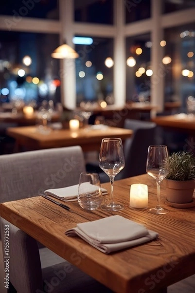 Fototapeta A romantic restaurant table setting at night with a candle and wine glasses creating a cozy atmosphere