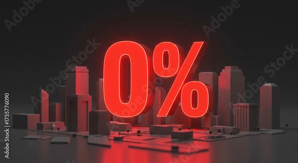 Fototapeta Dramatic red 0% glowing symbol dominates minimalist city skyline, representing zero percent, loss, or a fresh start in business finance