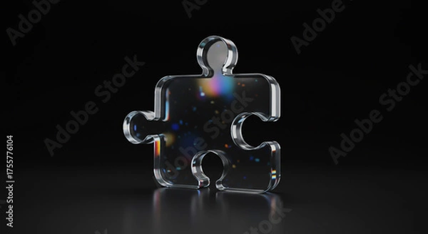 Fototapeta Stunning transparent puzzle piece reflects vibrant abstract colors, symbolizing connection, solutions, and innovative ideas on a dark background.