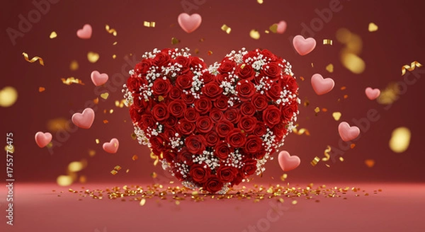 Obraz Stunning heart-shaped rose bouquet with floating pink hearts and golden confetti creating a romantic, celebratory atmosphere perfect for Valentine's Day or anniversaries