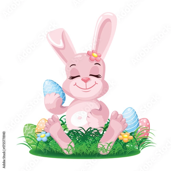 Obraz Cute Easter bunny with colored Easter eggs. Vector illustration in cartoon style.