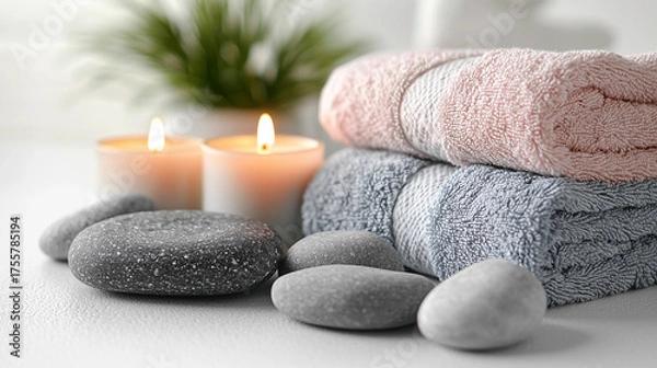 Fototapeta Serene spa setup with scented towels and calming stones Generative AI