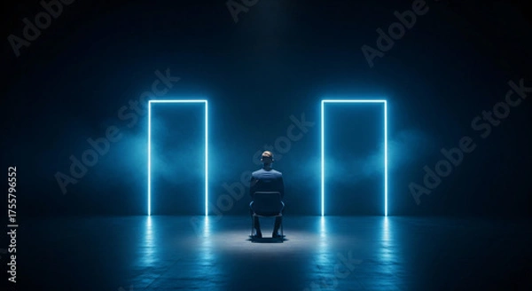 Fototapeta Business Man Facing Choices Between Two Neon Portals Dark 3D Render