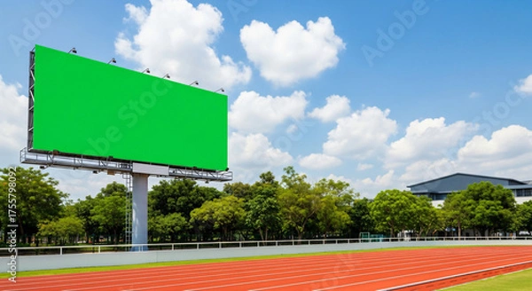 Fototapeta Large Green Screen Billboard Mockup at Running Track Stadium Advertising Display