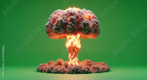 Fototapeta Massive Fiery Explosion Mushroom Cloud 3D Render on Green Screen Background