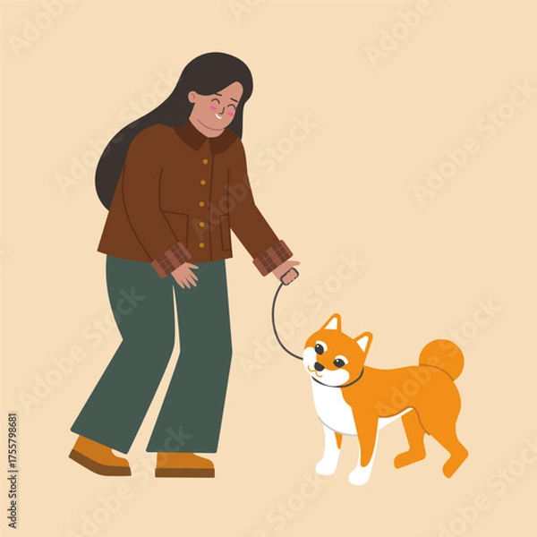 Obraz Vector illustration with happy young woman training dog outdoor. Owner cares about pet, play with siba inu for his health and looks happy. Flat cartoon characters in autumn cozy style