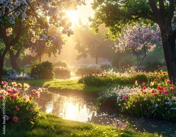 Obraz 朝の光に包まれた花と水辺のガーデン