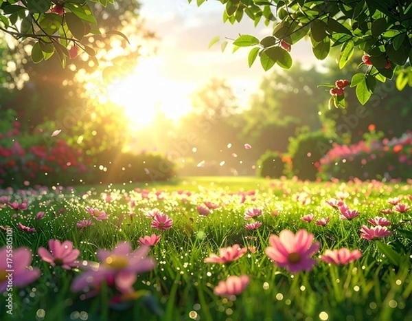 Obraz 朝日が照らす花咲く草原ときらめく光