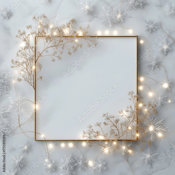 Fototapeta A silver frame lies on a light surface, surrounded by twinkling lights and soft snowflakes Generative AI