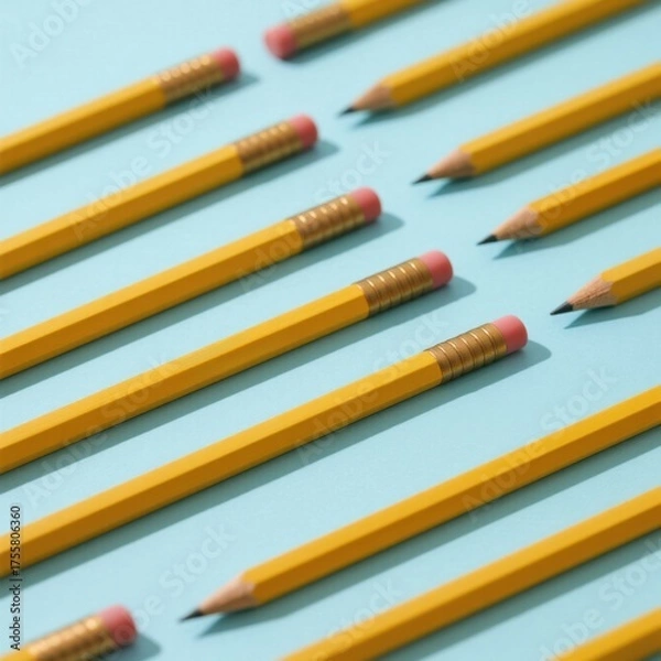Fototapeta Yellow pencils arranged diagonally on blue background