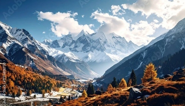 Obraz Majestic Mountain Range with Snow Capped Peaks and Autumnal Forest Under a Sunny Sky in Daytime Scenery Landscape