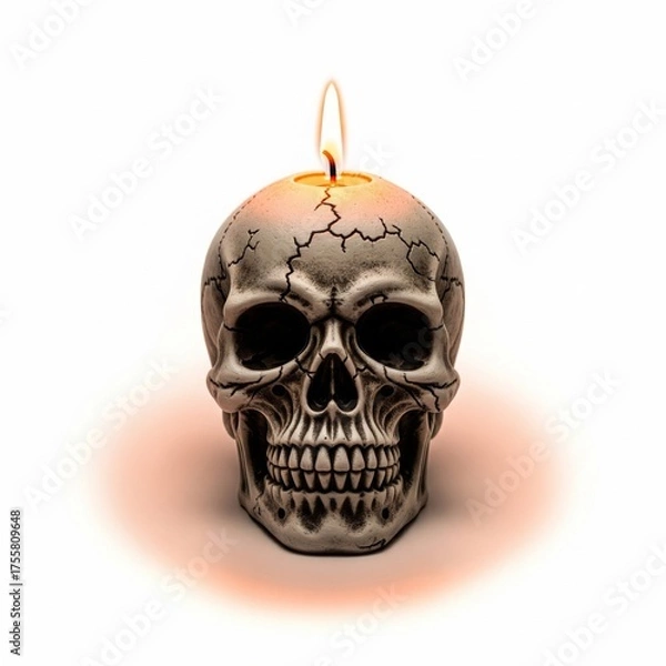 Fototapeta Skull Shaped Candle Holder with Burning Flame on White Background Isolated