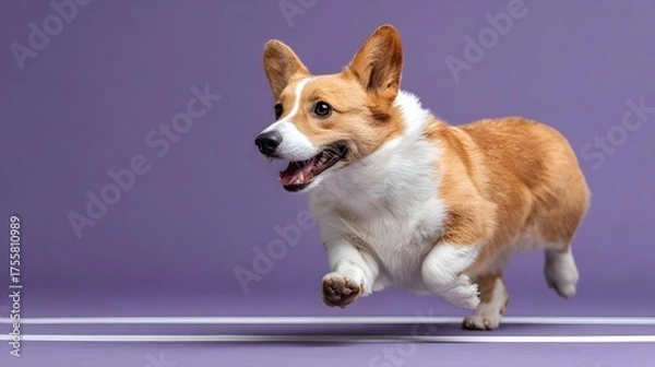 Fototapeta A Pembroke Welsh Corgi dog runs in a dynamic motion against a solid purple studio background with white track lines