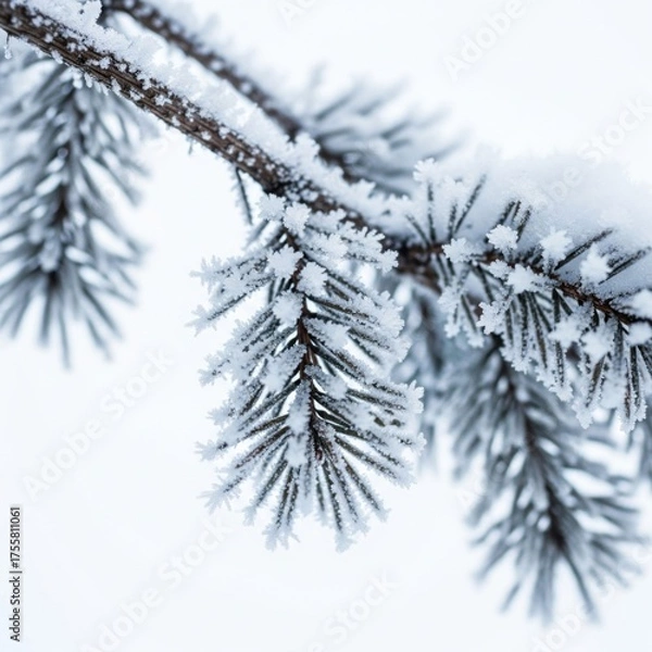 Fototapeta Close Up of Snowy Spruce Branch with Ice Crystals Against White Background