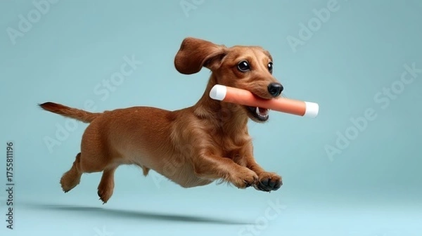 Fototapeta A playful Dachshund runs with a baton in a dynamic studio setting against a solid mint green background