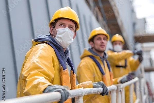 Fototapeta Three industrial workers in yellow protective gear and hard hats stand on a platform looking outward