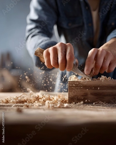 Fototapeta Carpenter precisely chiseling wood creating fine shavings in a workshop