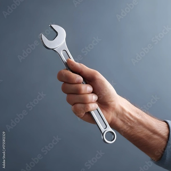 Fototapeta A close up of a human hand holding a metallic wrench against a plain background