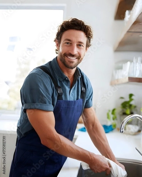 Obraz A cheerful male professional possibly a plumber in an apron smiles while washing his hands with a cloth at a bright kitchen sink