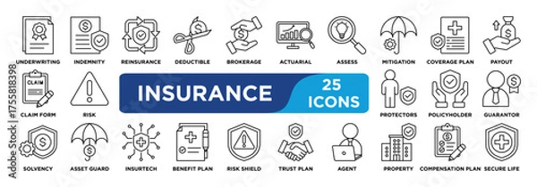 Fototapeta insurance icon collection set. Containing underwriting, indemnity, reinsure, deductible, brokerage icon. simple line vector.