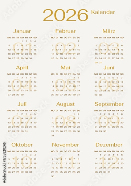 Fototapeta German 2026 calendar template single vertical page with 12 month in golden elegant style. Wall, desk Kalender Jahresplaner.