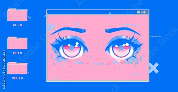 Fototapeta Vector illustration blends vaporwave and anime styles, showing expressive manga eyes in a digital window. The theme is retro-futuristic, using blue and pink hues, geometric shapes, and folder icons.