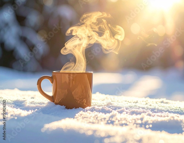 Obraz Warm coffee mug placed on snowy surface