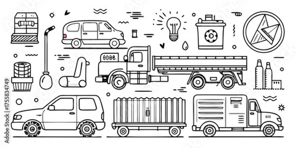 Fototapeta Collection of diverse transportation vehicles and related elements in a blueprint style outline drawing