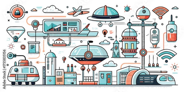 Obraz Whimsical steampunk airships and retro-futuristic vehicles in a collage style