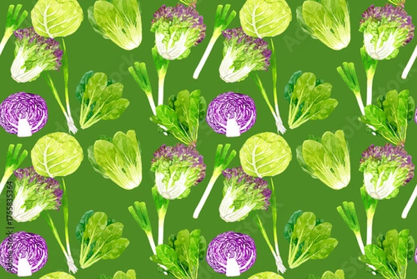 Fototapeta フレッシュな葉物野菜のシームレスパターン　手描き水彩イラスト背景素材