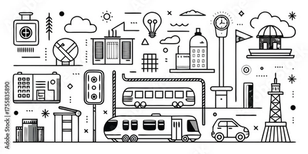 Obraz Diverse city transportation and urban elements doodle art style montage