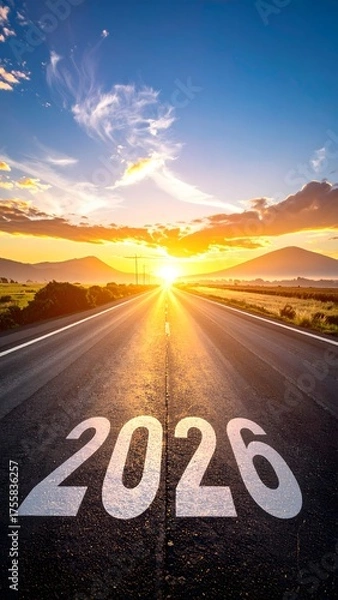 Fototapeta Embark on a bright future driving towards a vibrant 2026 sunrise on an open highway, symbolizing new beginnings and ambitious journeys.