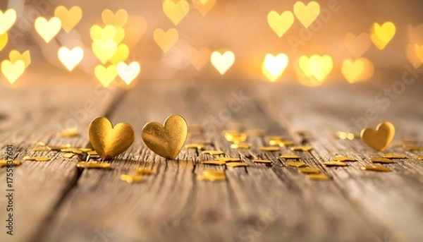 Fototapeta Golden heart confetti scattered on rustic wood with warm bokeh lights creating a romantic and celebratory atmosphere