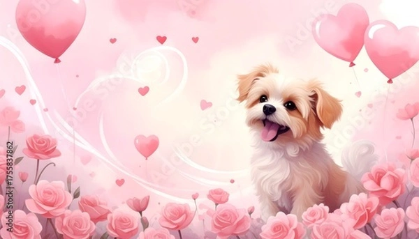 Fototapeta Adorable fluffy puppy surrounded by romantic pink roses and heart balloons, perfect for Valentine's Day or any loving occasion
