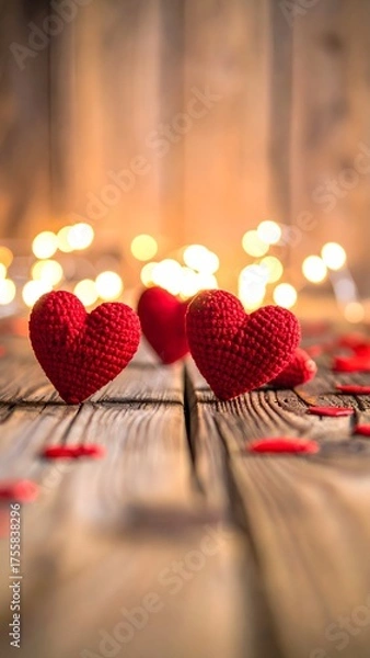 Fototapeta Warm, inviting red crocheted hearts glow with soft bokeh lights on rustic wood, perfect for celebrating love and romance.