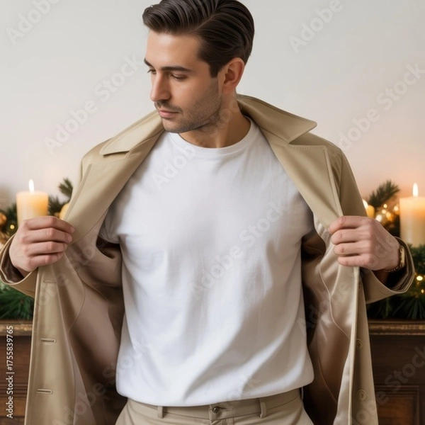 Fototapeta Men's blank white t-shirt mockup. Young male model, opens trench coat showcasing basic tee, stands in room, decorated for holidays. Casual crewneck tshirt template. Men's urban style basic tee mockup