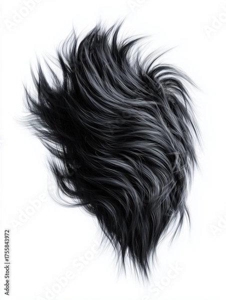 Obraz Fluffy black fur organic shape isolated on white background. Realistic soft faux fur texture with long flowing strands and natural volume for modern abstract design.