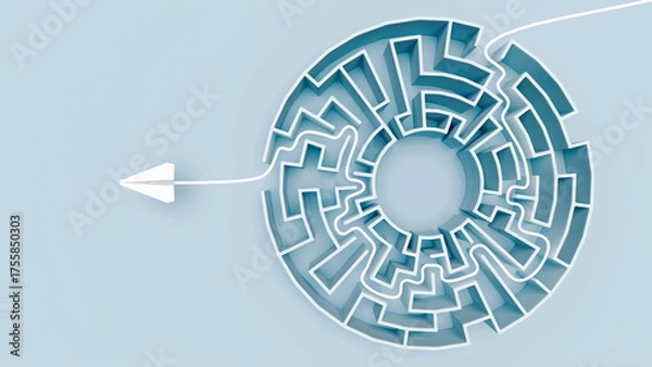 Fototapeta White paper plane emerging from complex maze with visible solution path trailing behind, symbolizing breakthrough success and strategic problem solving, 3d render