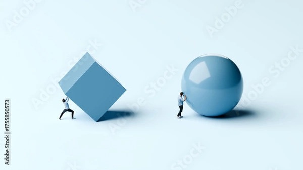 Fototapeta One man pushing a sphere easily while another struggles with a huge cube, symbolizing strategy, efficiency, smart work, surreal minimal concept, 3d render