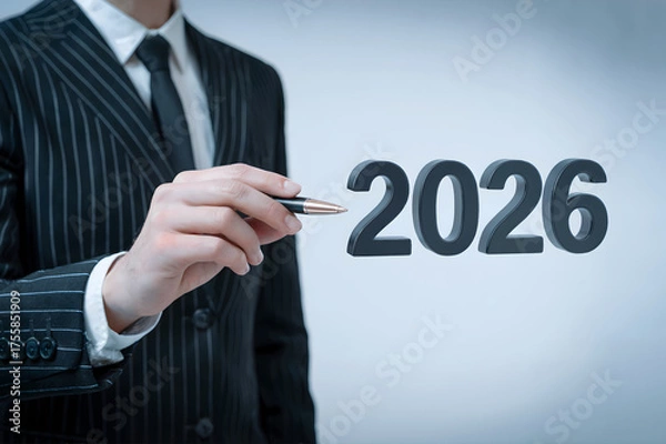 Obraz A businessman in a suit points with a pen towards the year 2026, symbolizing planning and future of business and innovation