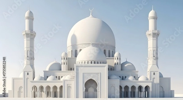 Fototapeta White Islamic Mosque with Domes and Minarets Under Clear Sky
