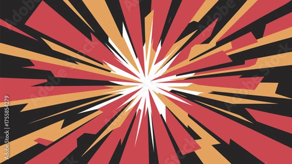 Fototapeta Abstract burst design with red orange black and white rays emanating from a central point design