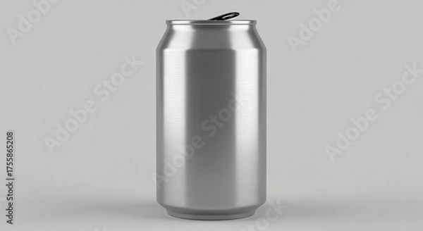 Obraz A single, unopened, silver aluminum can stands upright against a plain, light gray background. The can is sleek and modern.