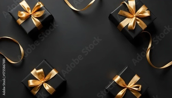 Fototapeta Elegant black gift boxes with golden ribbons arranged on a dark background, creating a luxurious and festive presentation.