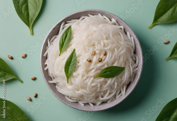 Fototapeta Funchoza salad with fresh leaf on a plate top view web banner