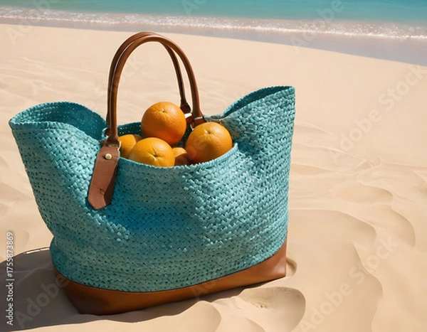 Fototapeta Straw hat, sunglasses, towel, bag on beach sand background. Summer vacation concept