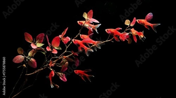 Obraz Colorful Goldfish Swimming Among Red Leaves in Dark Background